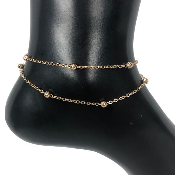 Gold Simple Bead Double Strand Anklet - Picture 3 of 4